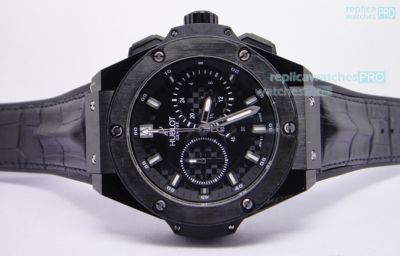 Copy Hublot Black Dial Black Bezel Black Leather Strap Watch